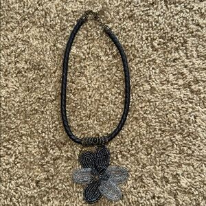 Chic Black and Silver Beaded Floral Necklace